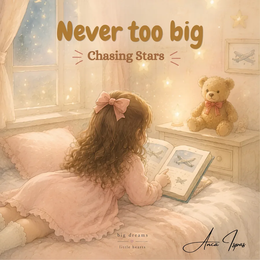 Cover of Never Too Big โ Chasing Stars: a girl reading a book about planes in a starlit bedroom