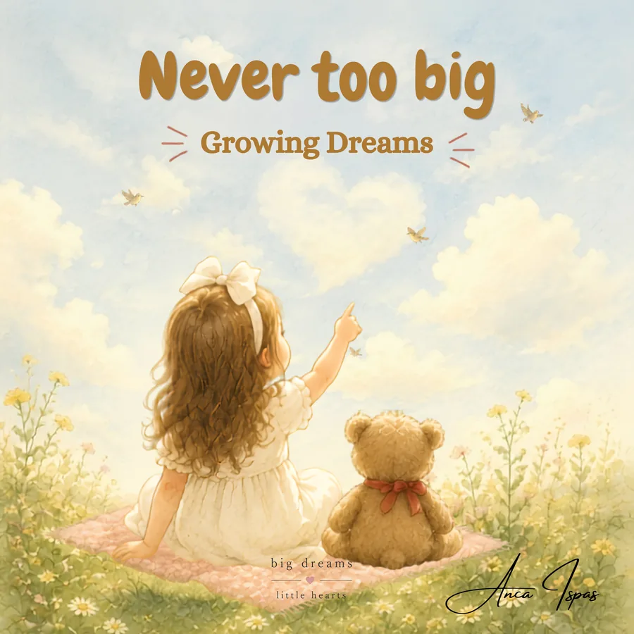 Cover of Never Too Big โ Growing Dreams: a girl pointing at heart-shaped clouds in a flower meadow