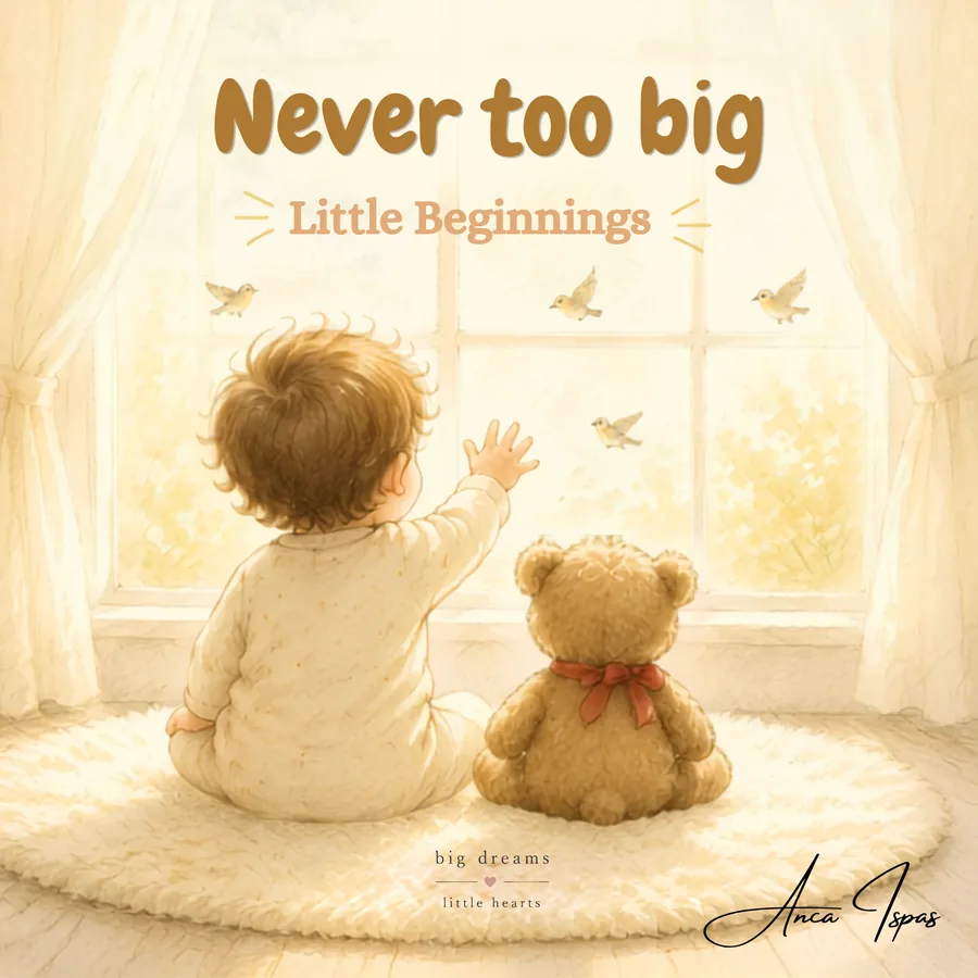 Cover of Never Too Big โ Little Beginnings: a baby and a teddy bear watching birds at the window